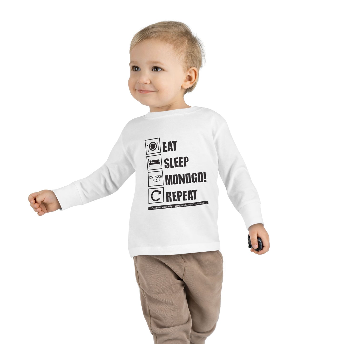 Eat, Sleep, MONOGO!, Repeat. Toddler Long Sleeve Tee