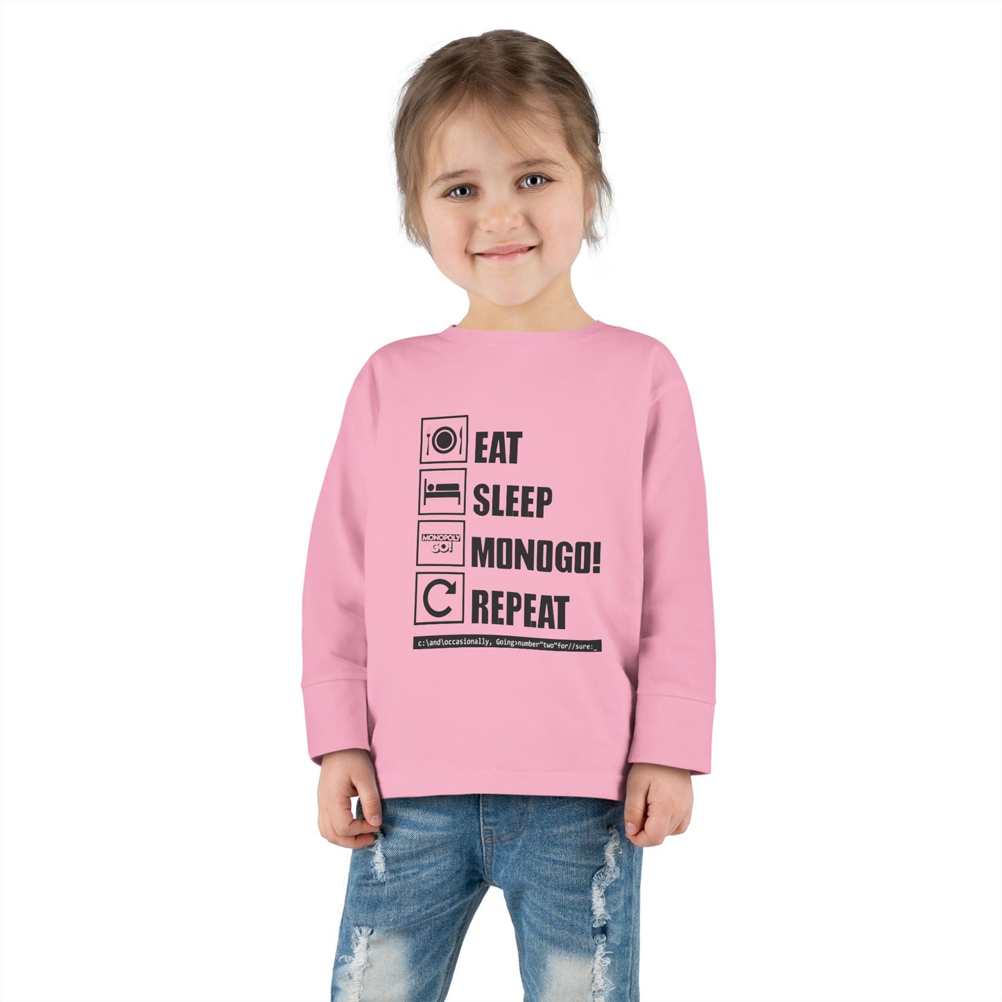 Eat, Sleep, MONOGO!, Repeat. Toddler Long Sleeve Tee