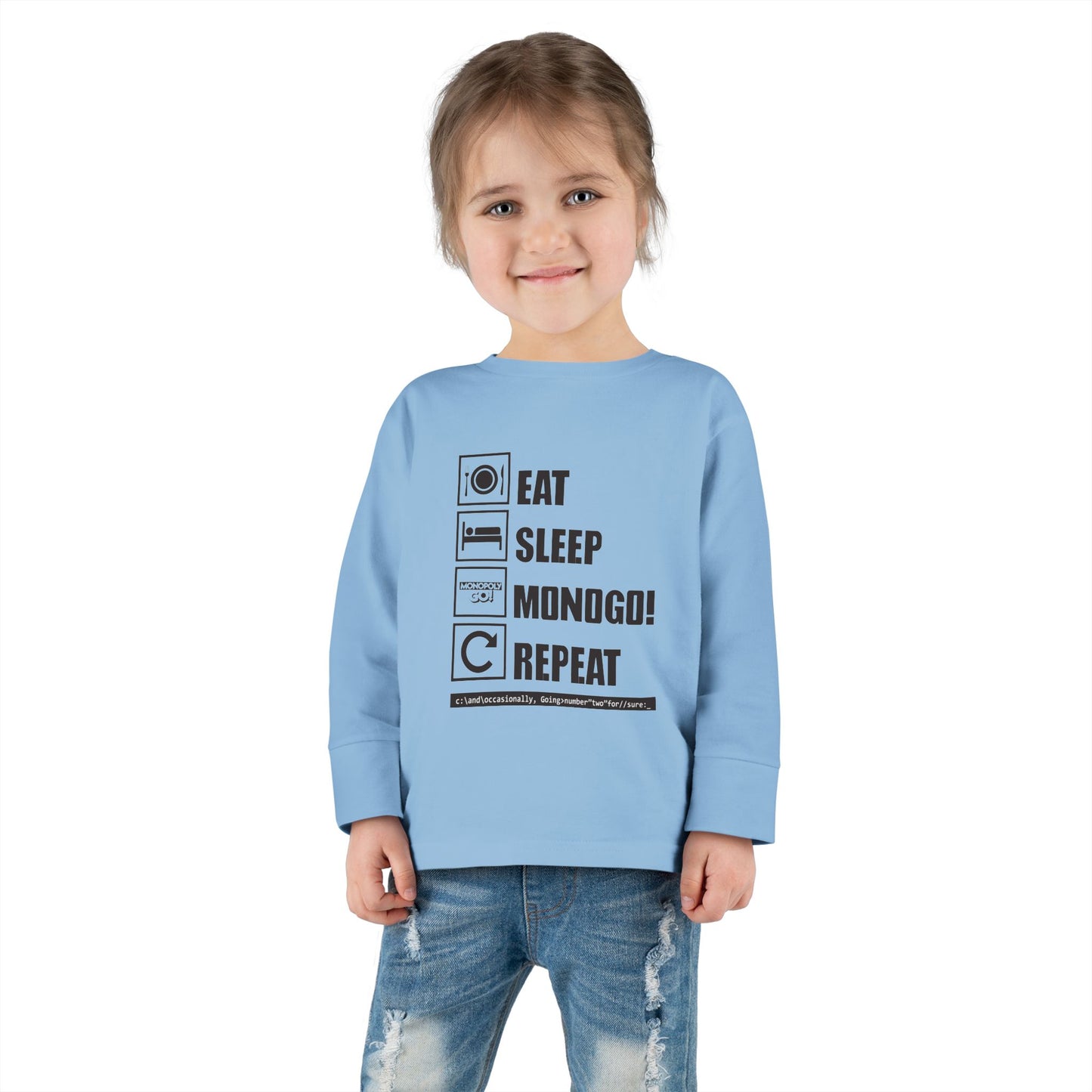 Eat, Sleep, MONOGO!, Repeat. Toddler Long Sleeve Tee