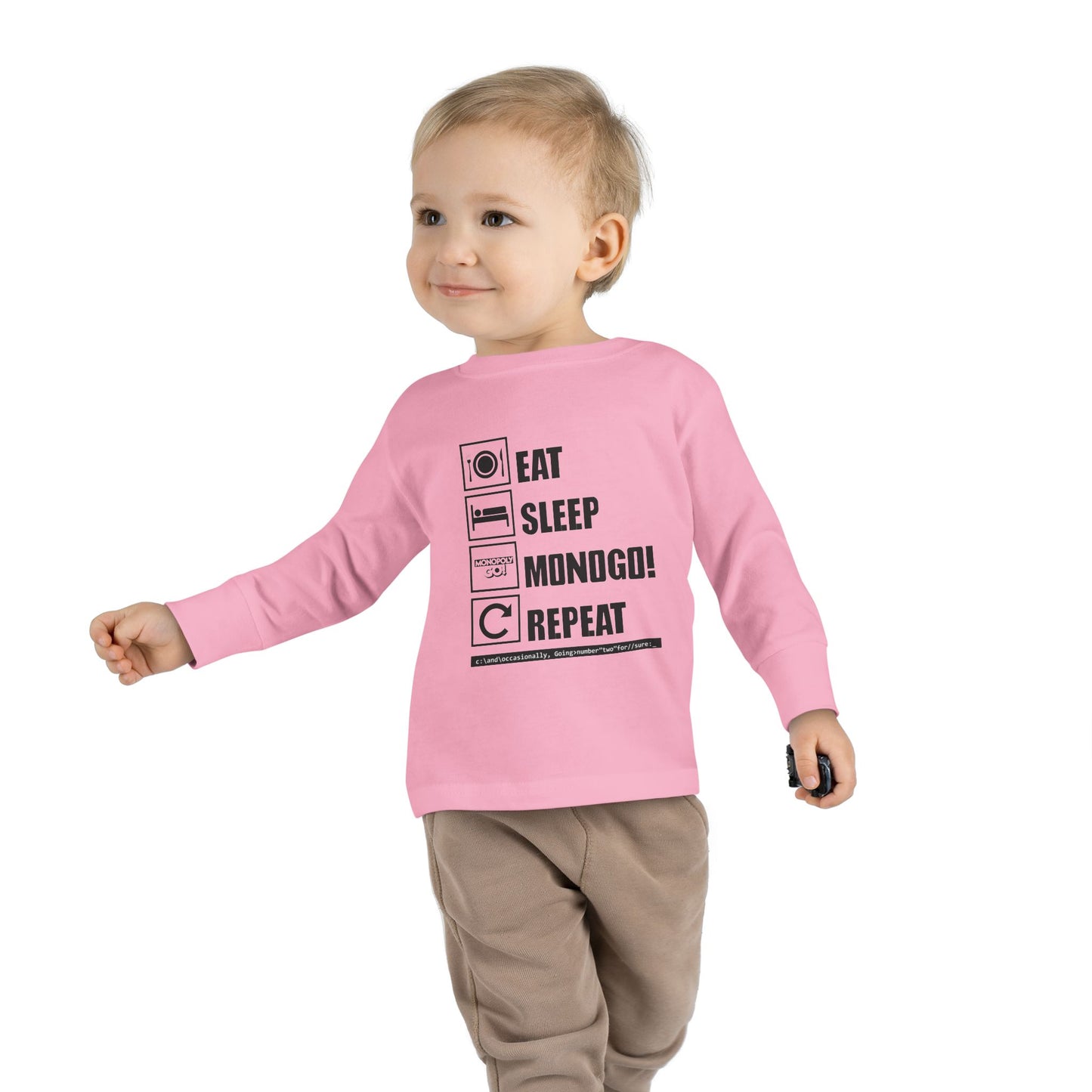 Eat, Sleep, MONOGO!, Repeat. Toddler Long Sleeve Tee